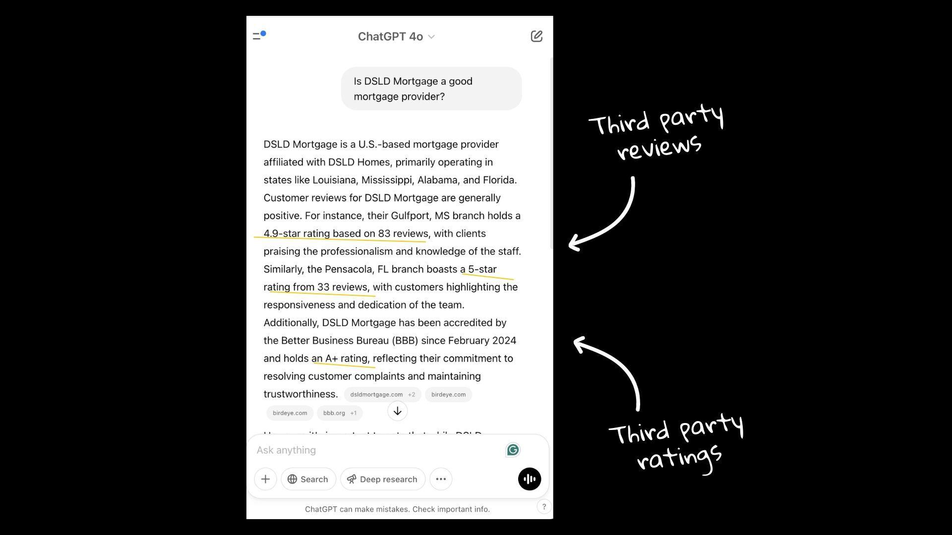 ChatGPT response highlighting the use of third-party reviews and ratings. Sources and related content