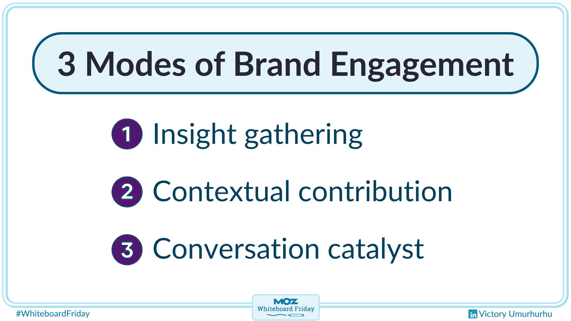 A zoomed-in section of the whiteboard listing the 3 modes of brand engagement to be covered in the video.