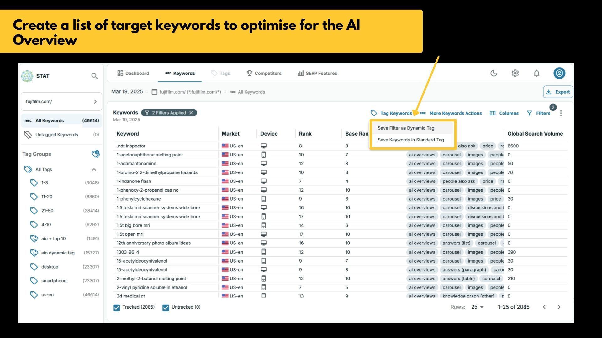 STAT keyword report highlighting the option to save filtered keywords.