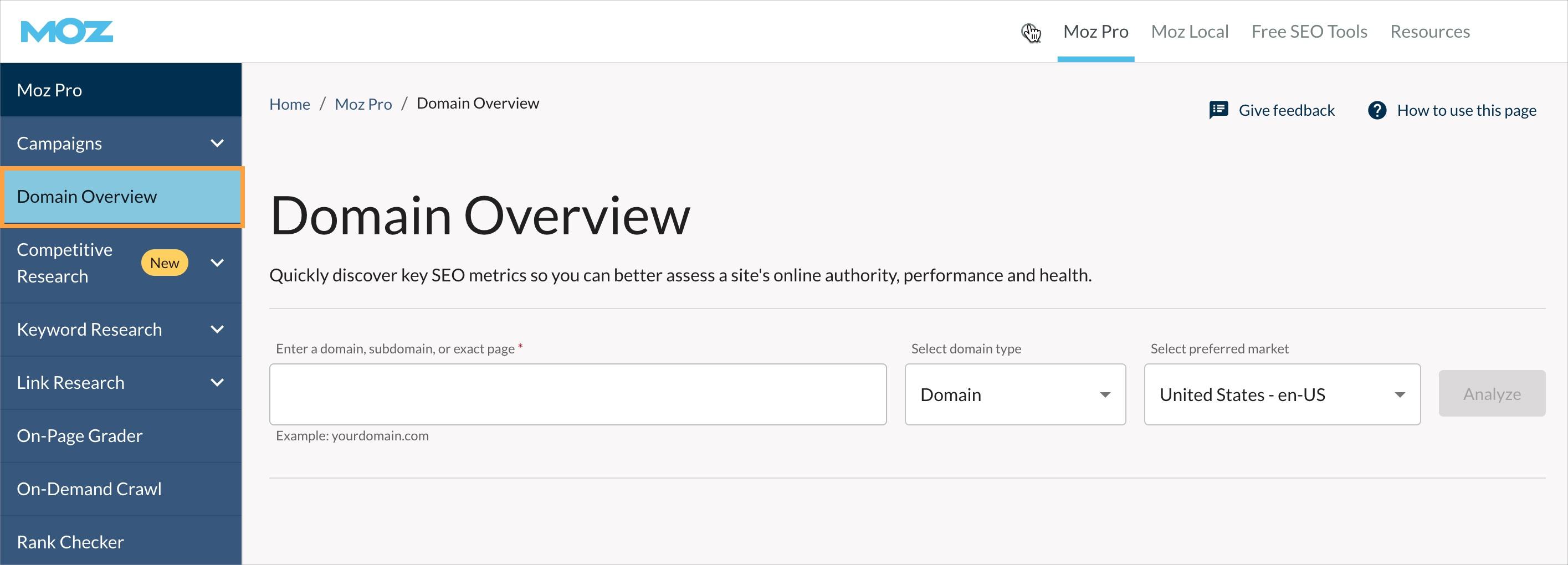 Moz Pro navigation menu with Domain Overview outlined.