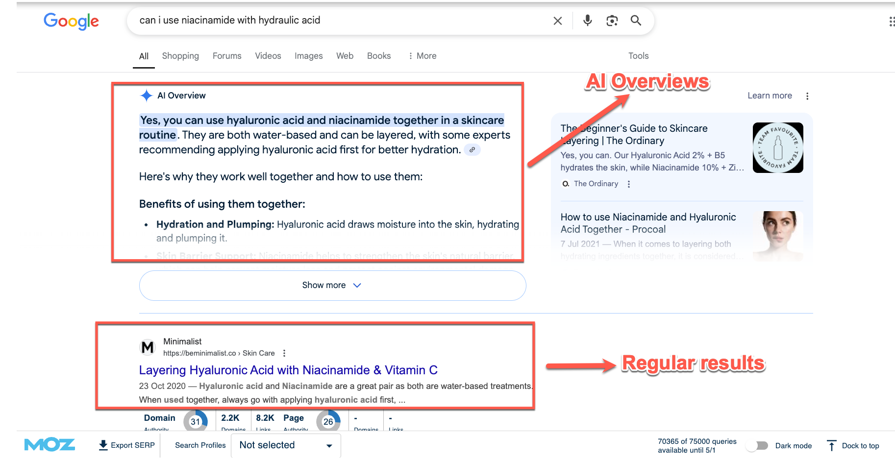 Google search result comparing AI Overview answer to regular organic results.