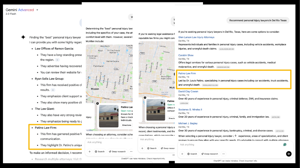 Gemini search results featuring Patino Law Firm for a local query.