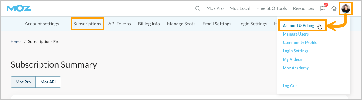 Screenshot showing where to access your subscription management.