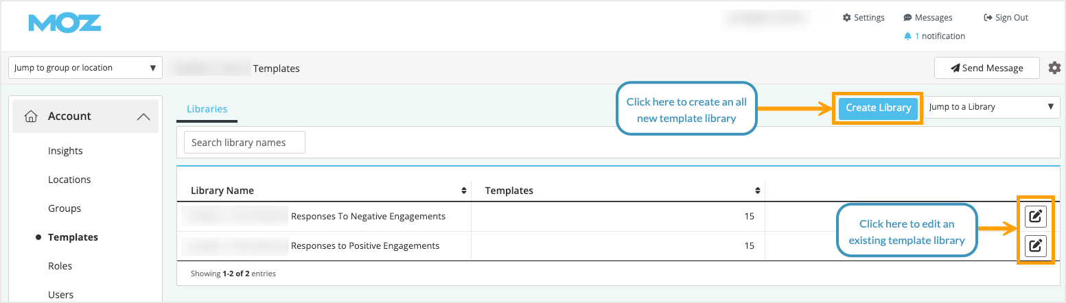 Screenshot of the create library button within Templates > Account.