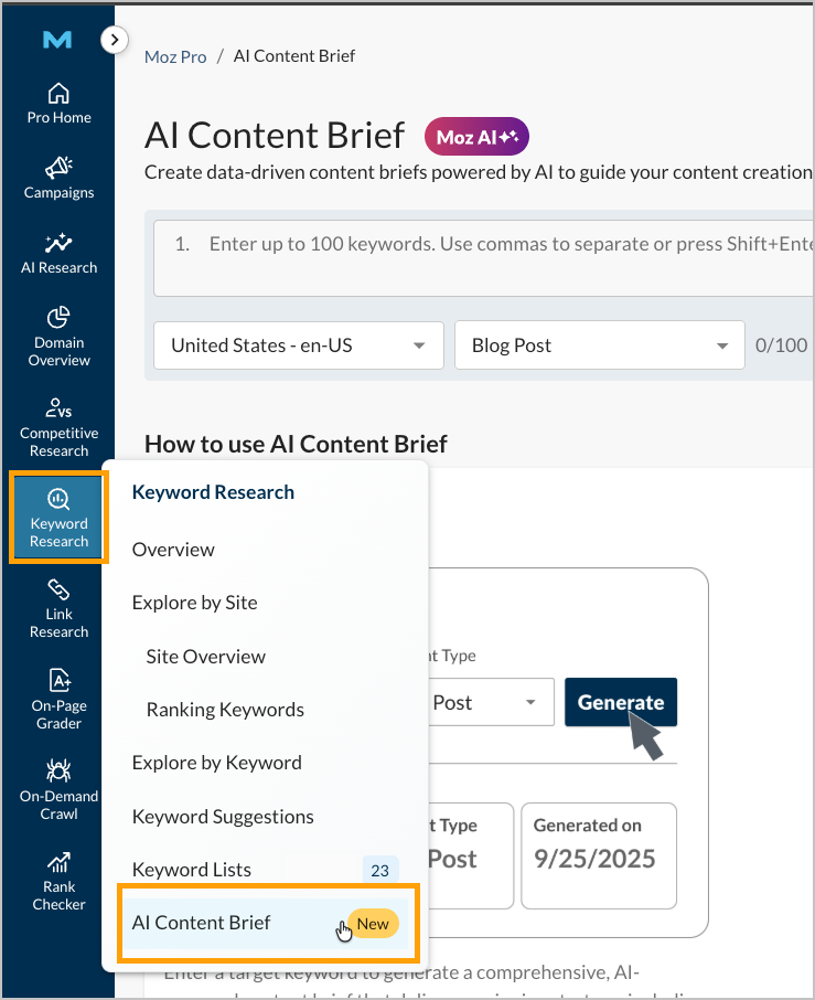 Screenshot showing the menu location for AI Content Brief.