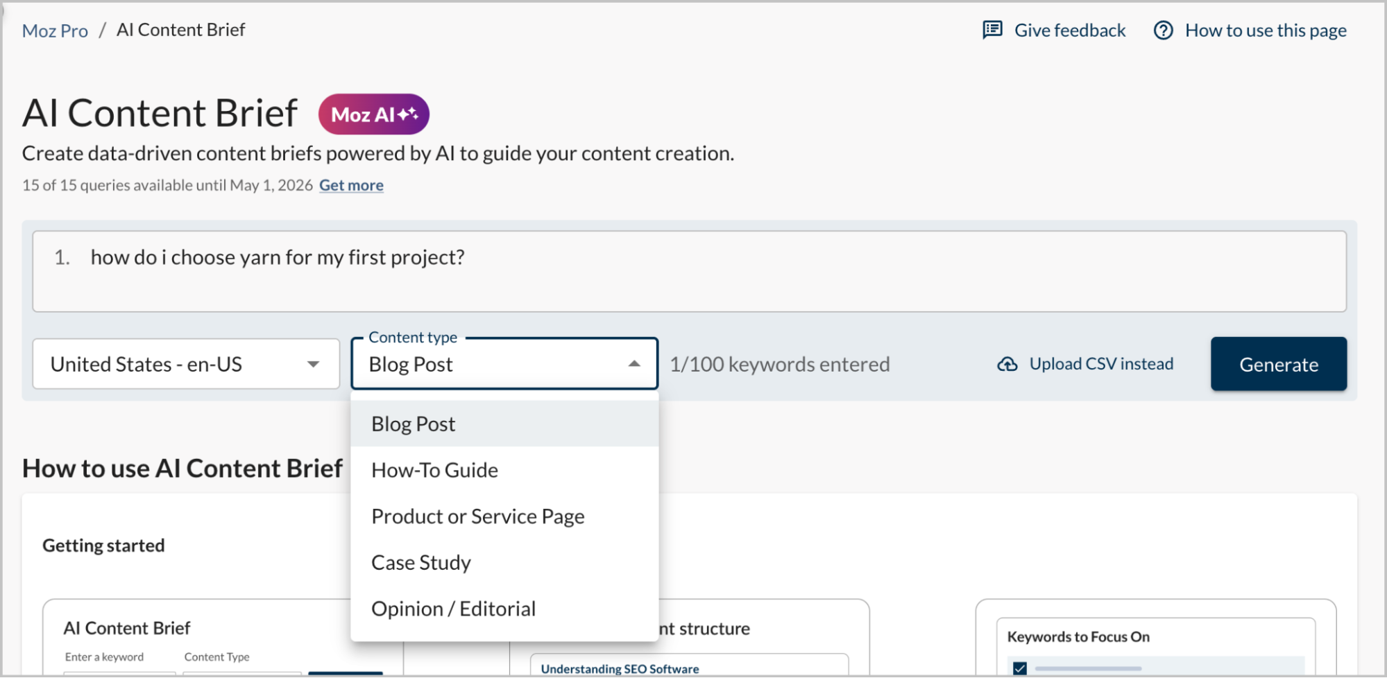 Screenshot showing how to generate a content brief.
