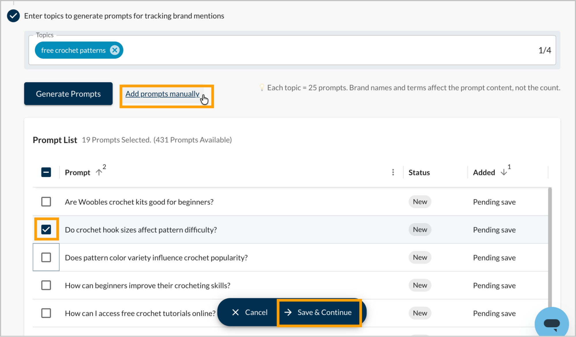 Screenshot showing how to add prompts manually to AI Visibility.