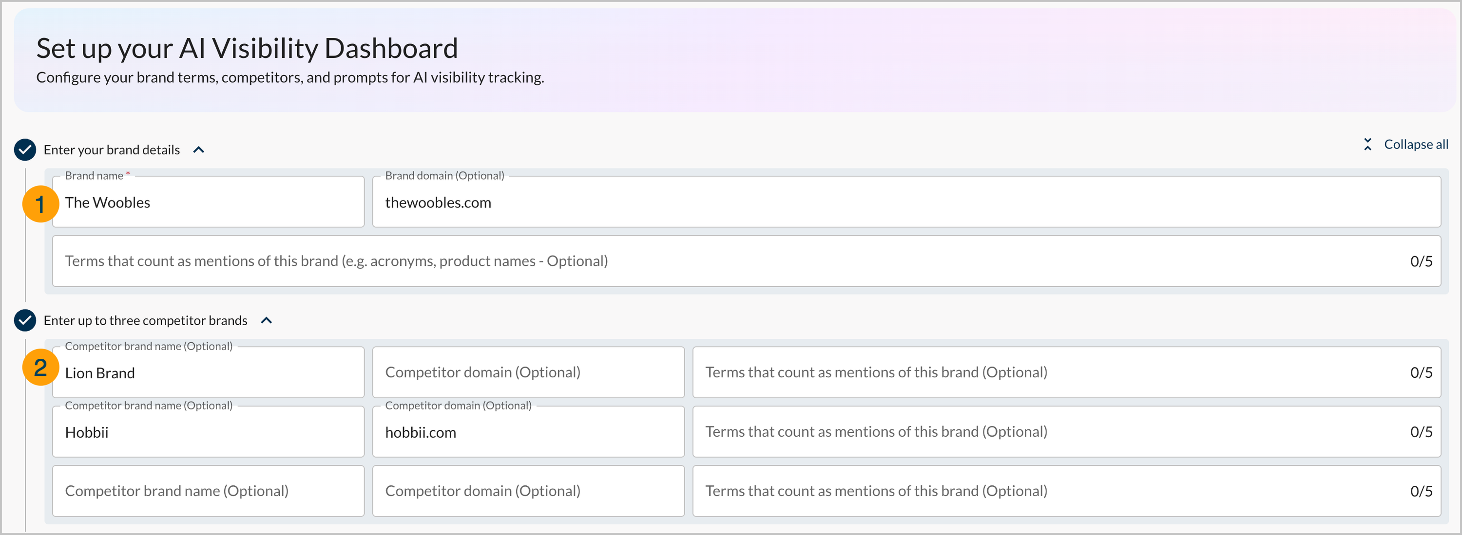 Screenshot showing the first 2 steps needed for setting up your AI visibility dashboard as outlined here.