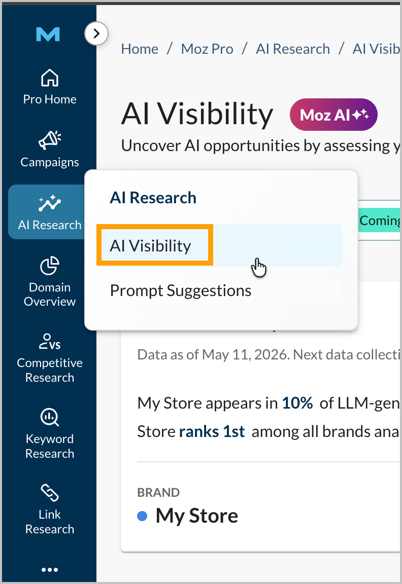 Screenshot showing where in the left-hand navigation menu you can access AI Visibility.
