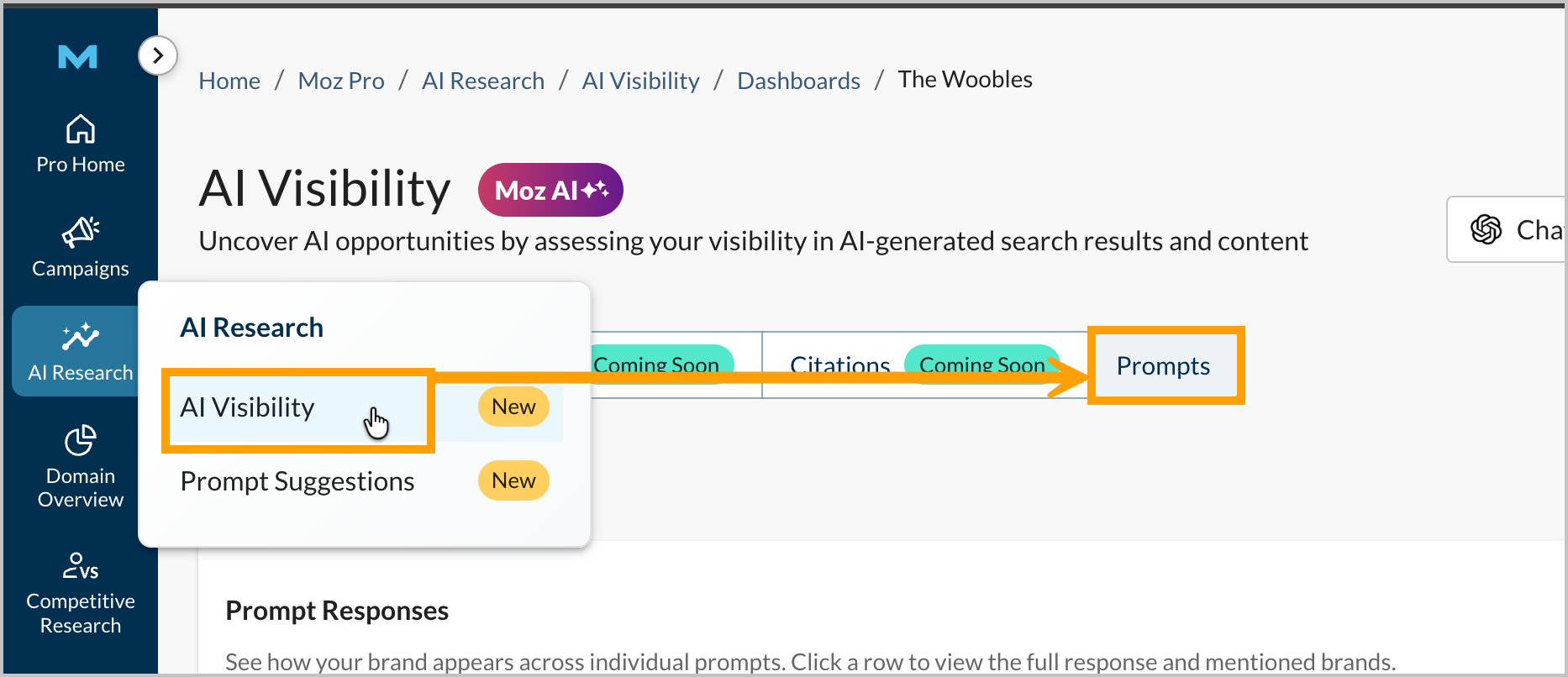 Screenshot of the menu location for Prompts in AI Visibility.