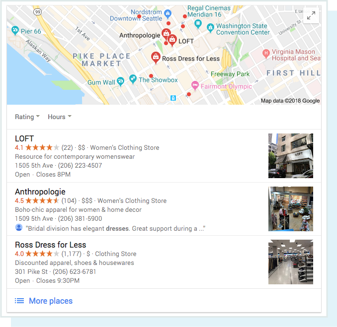 A screenshot of the local results for the query 'dresses.'