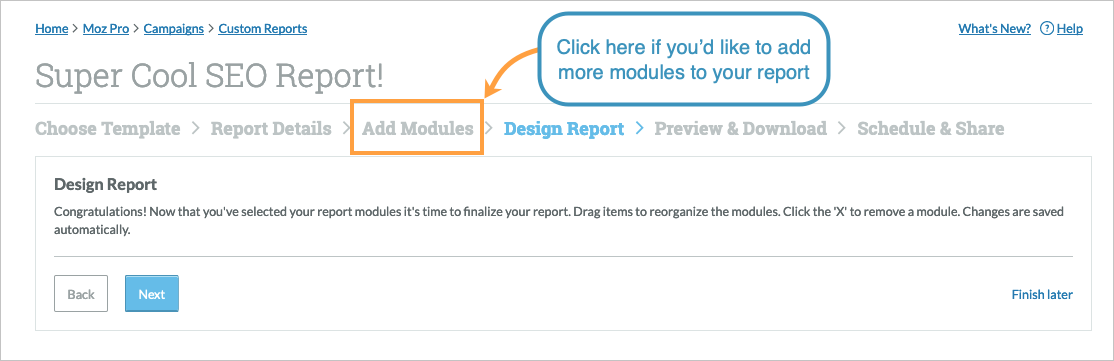 Head back to add more modules by using the breadcrumb links.