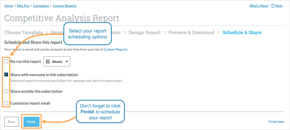 Use the checkboxes to select your report generation and distribution options.