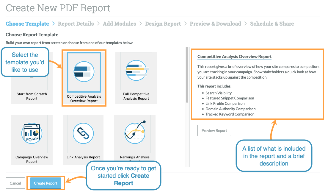 After selecting your report type, click create report.