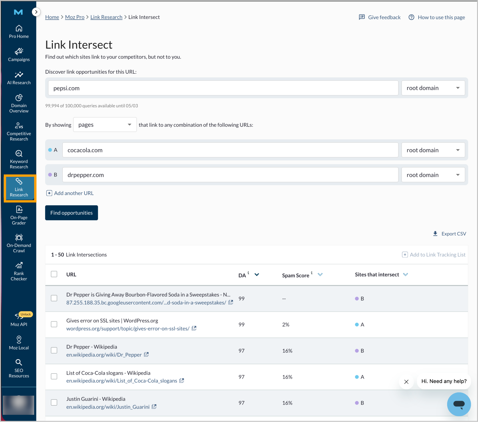 Screenshot of the Link Intersect tool in Link Explorer.