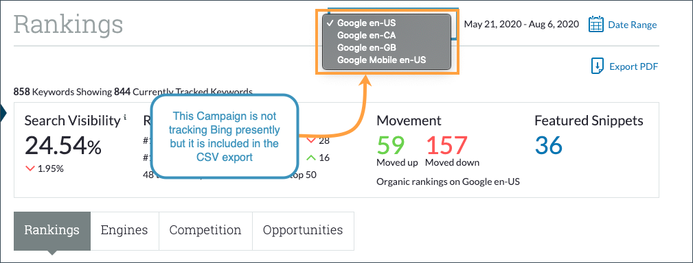 You can confirm your tracked search engines within your Campaign via the drop-down in Rankings.