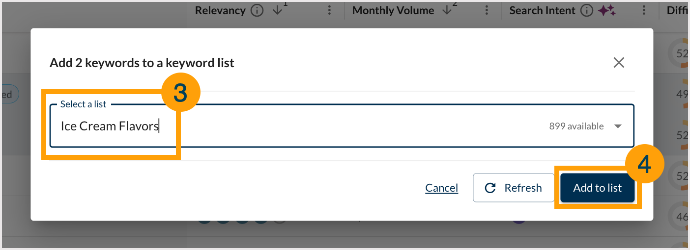 Screenshot showing how to select a keyword list to add keywords to.