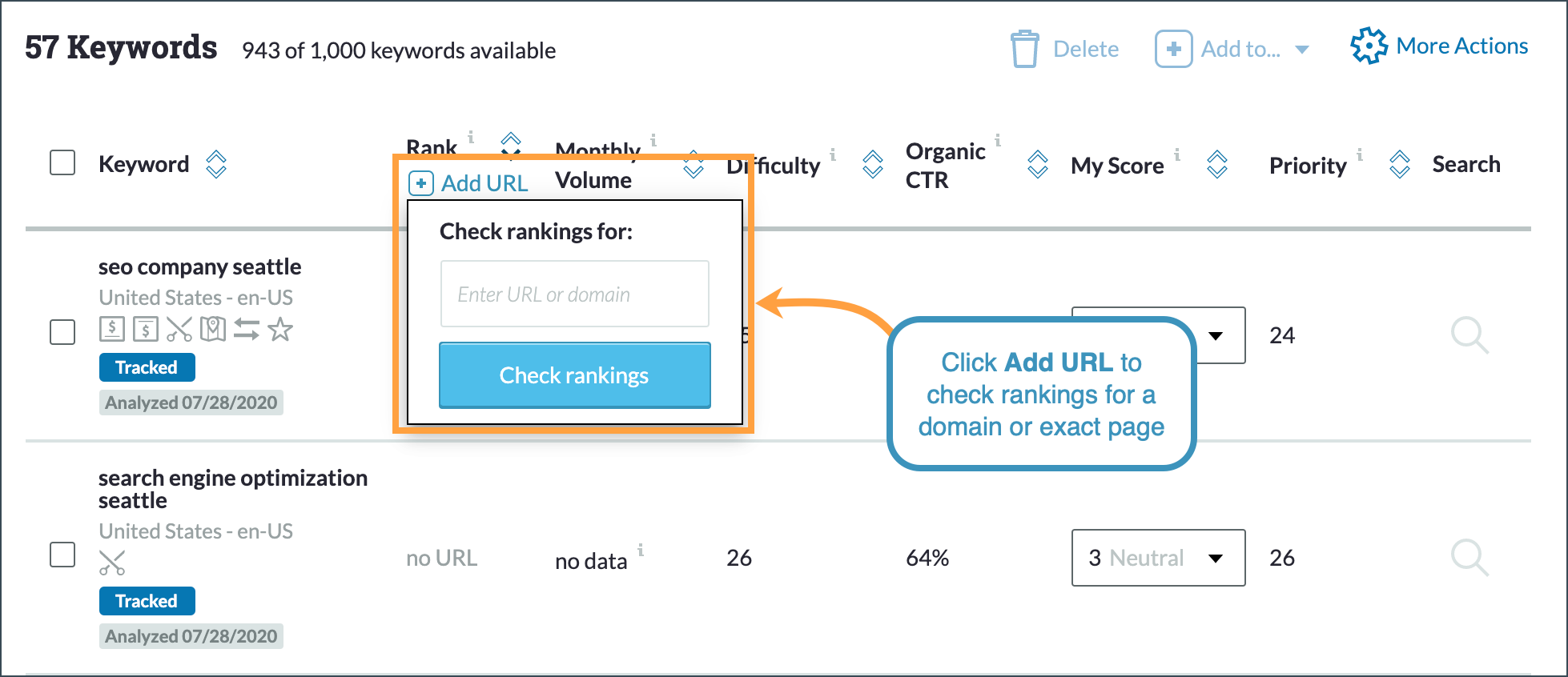 Click add URL in the second column to add in a domain or exact page to check rankings.