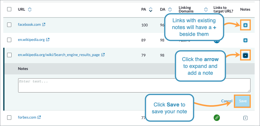 Add notes to your links by clicking the arrow in the right hand column.