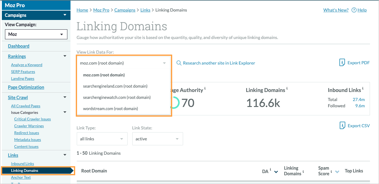 Location of Linking Domains in the left hand navigation menu.