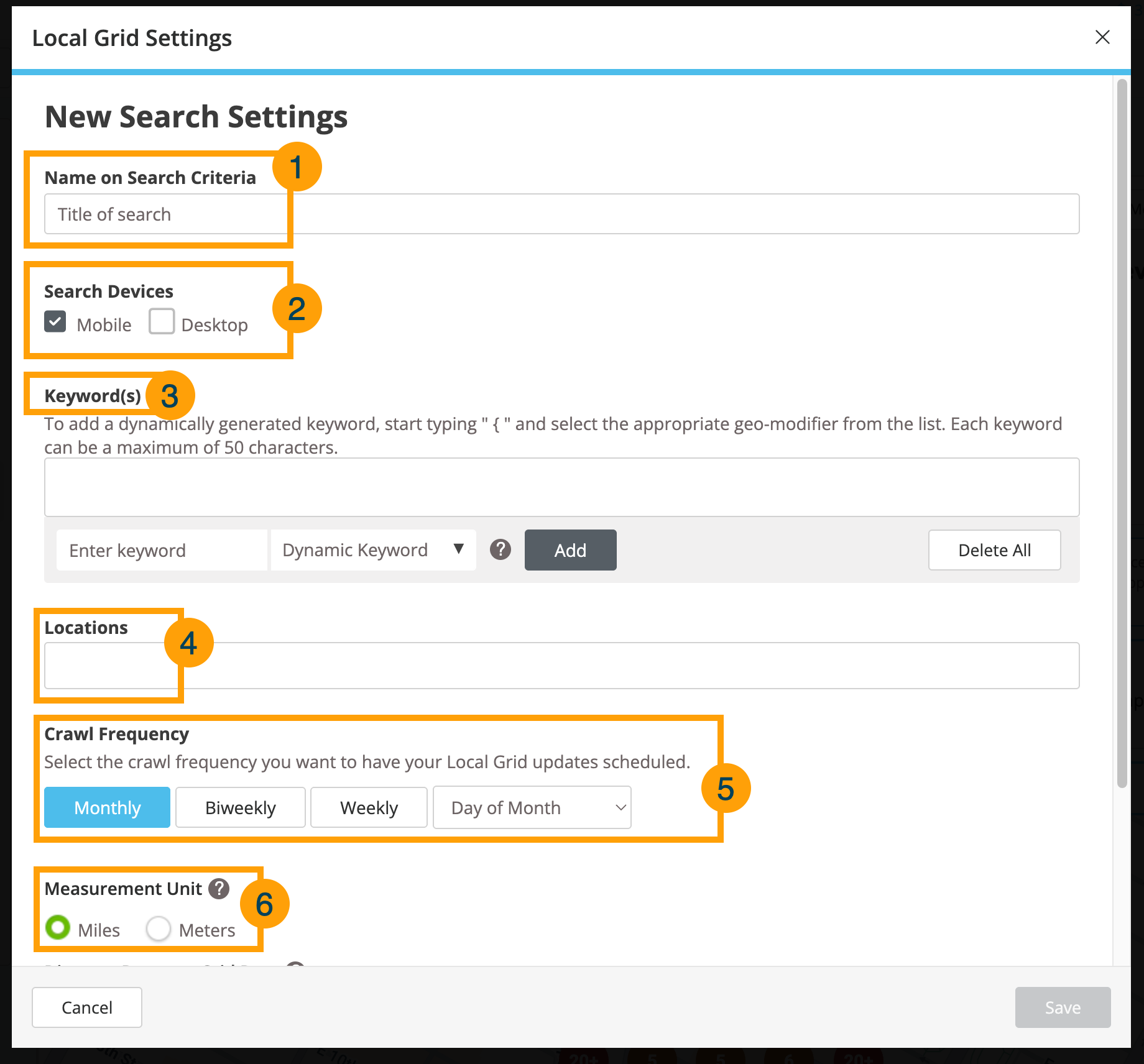 Screenshot of the new search settings module with steps 1 through 6 highlighted.