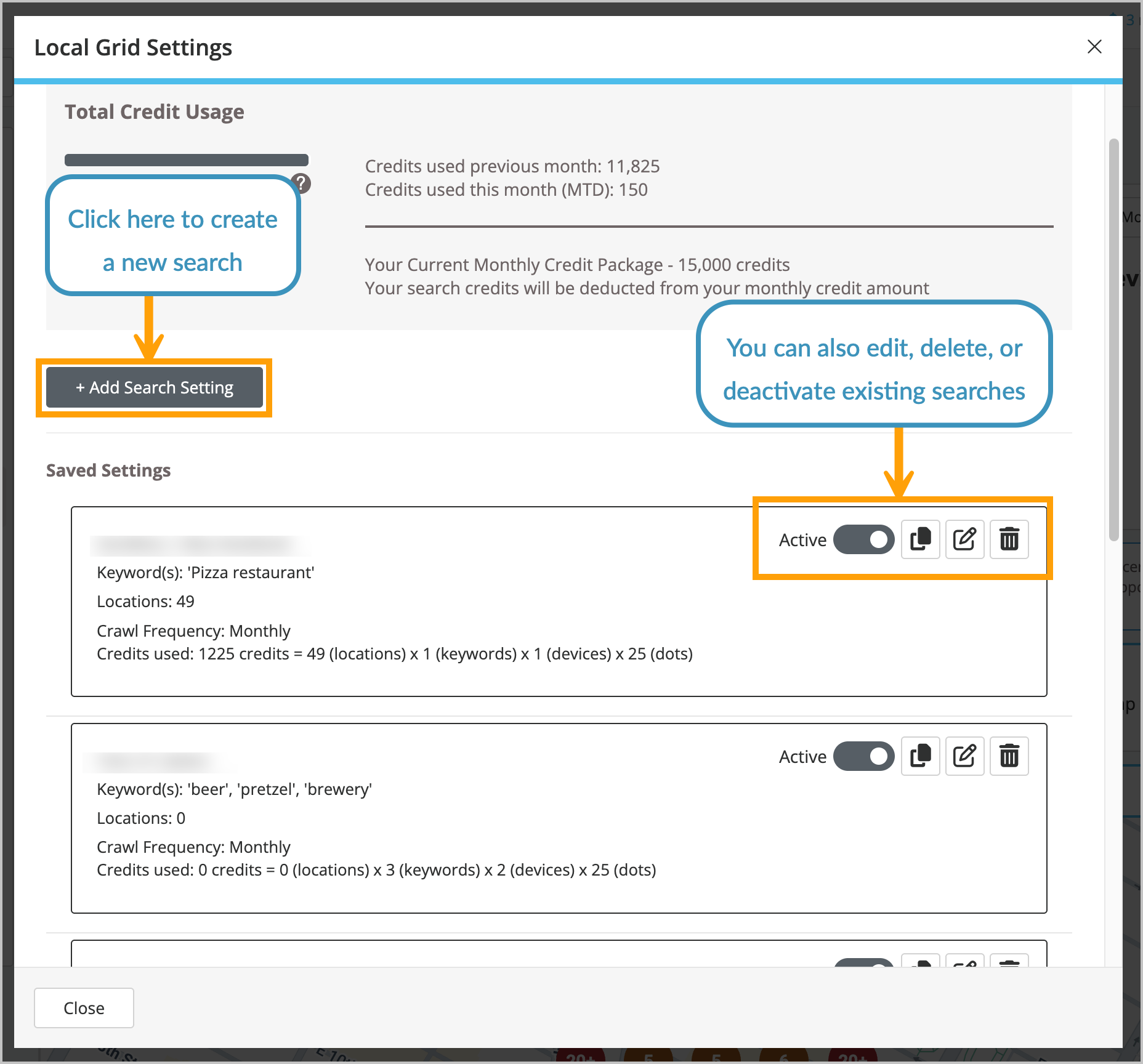 Screenshot of the option to add a search setting.
