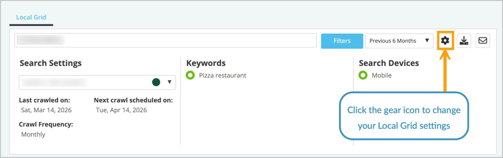 Screenshot of the search settings module with the gear icon highlighted.