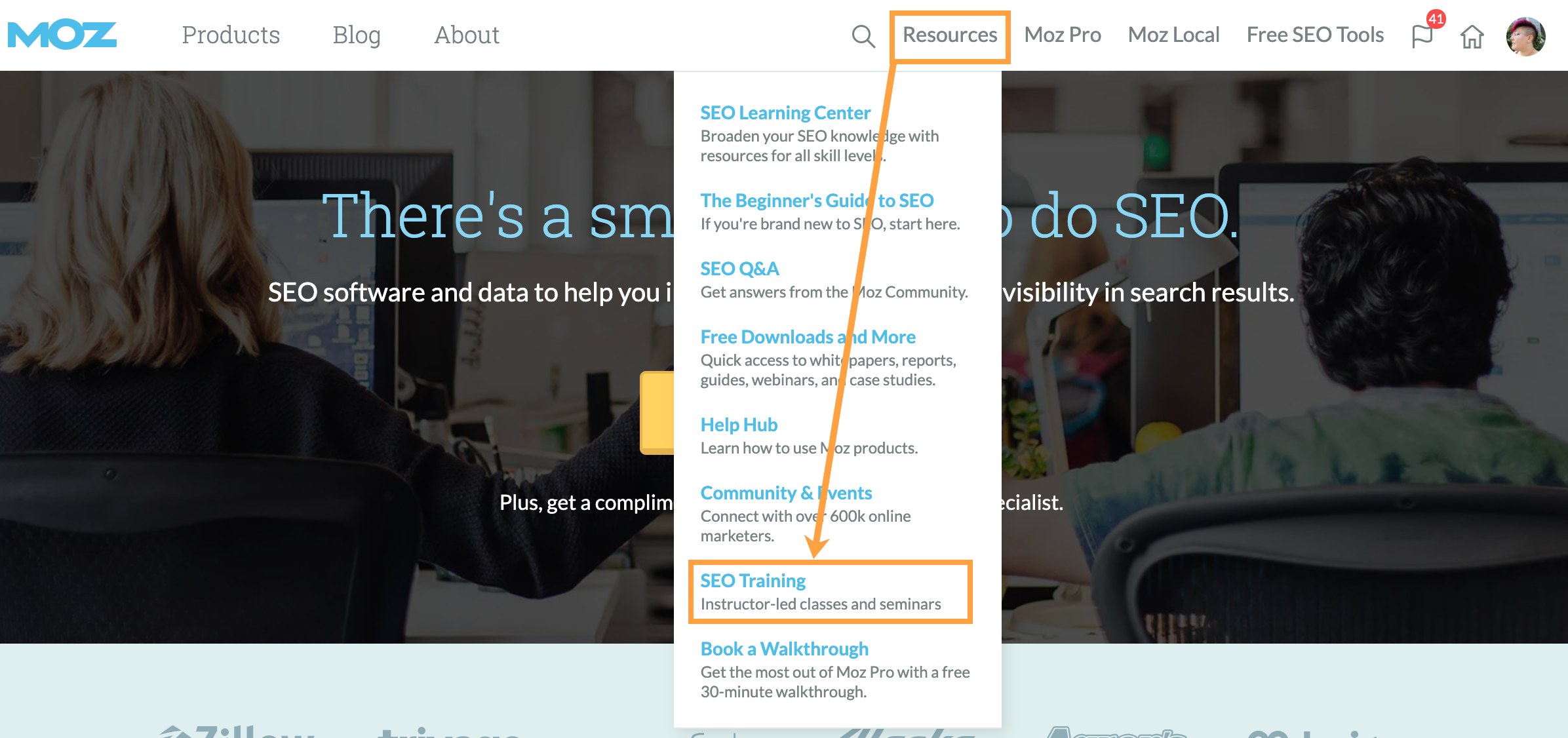 The SEO Training option is located in the Resources menu.