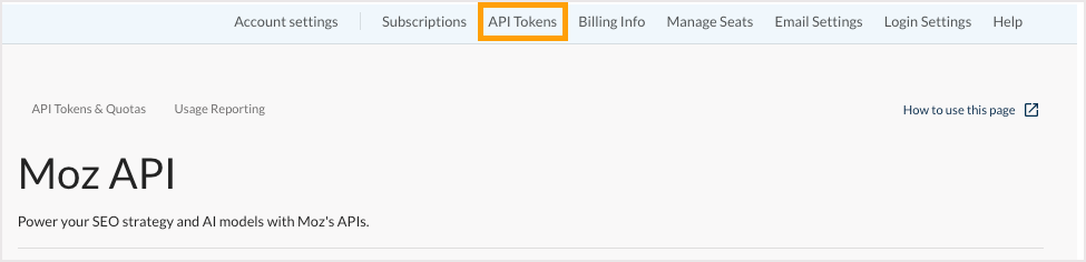 Screenshot of the Moz API dashboard location in the menu.