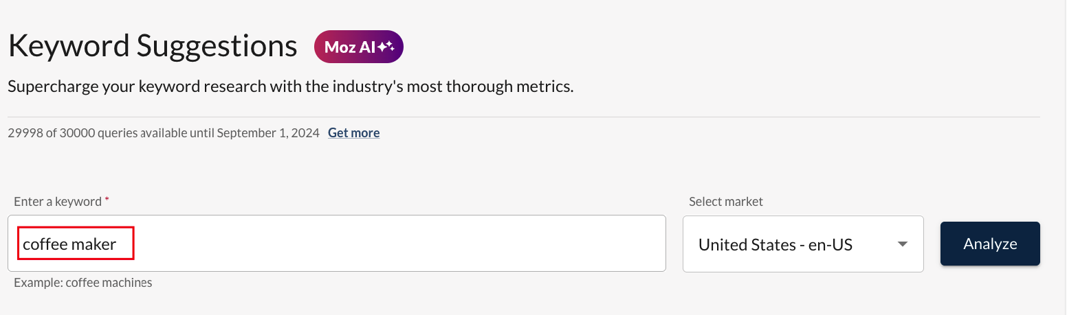 Moz keyword suggestion for coffee maker