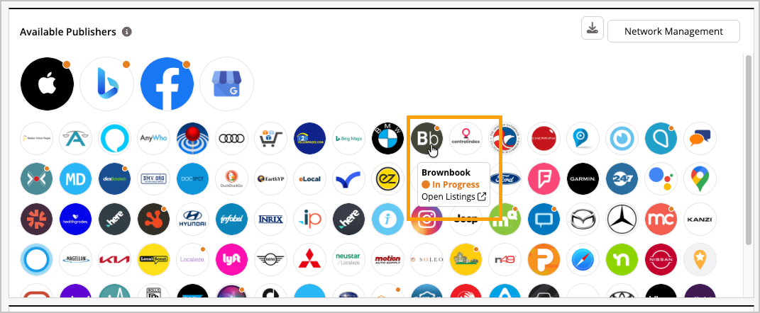 Screenshot of the available publishers section.