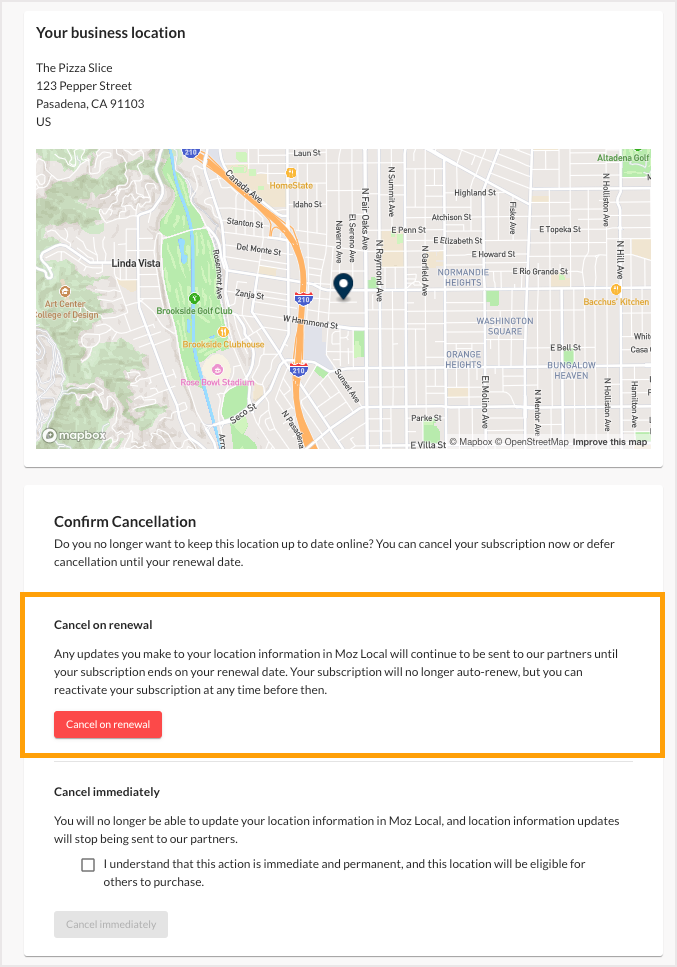 Screenshot of the Cancellation page with Cancel on Renewal option highlighted.