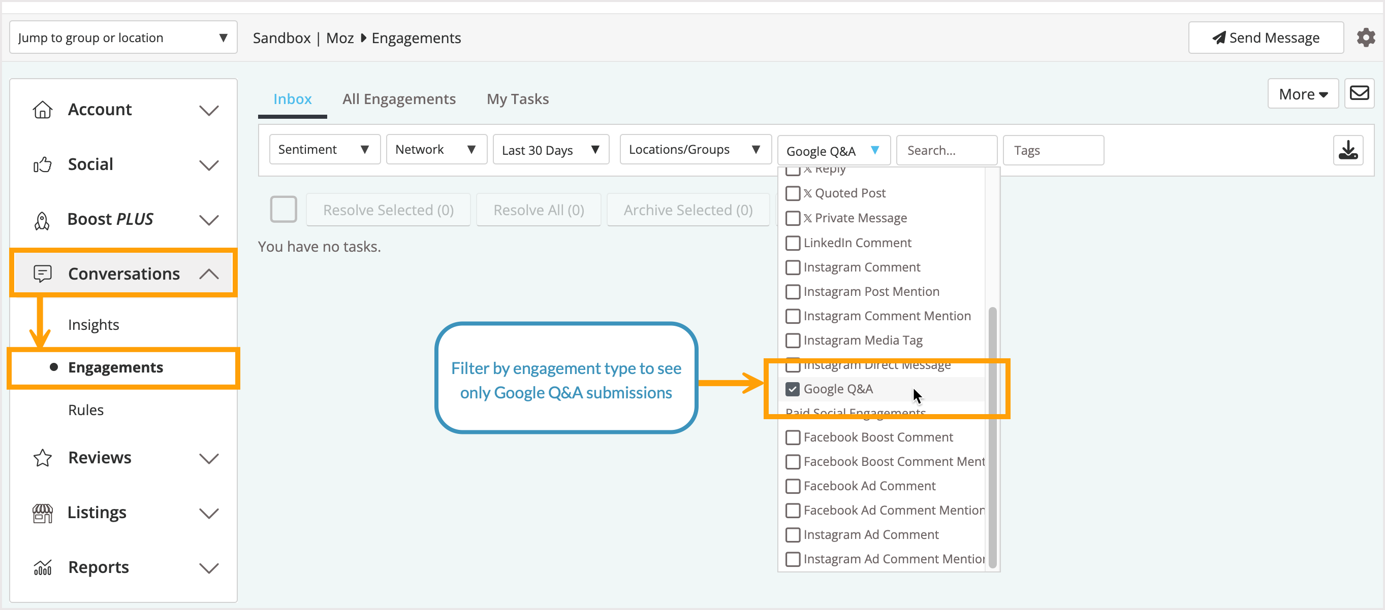 Screenshot of the filter option in Engagements.