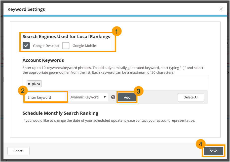 Screenshot of the Keyword Settings module
