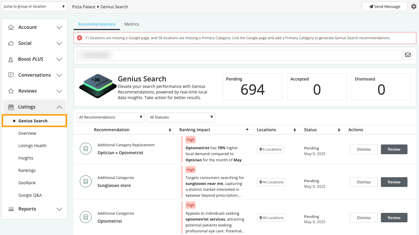 Screenshot of the Moz Local tool showing where in the left-hand navigation you can locate Listings AI.