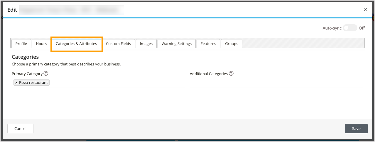 Screenshot of the categories and attributes tab in Moz Local's location editor.