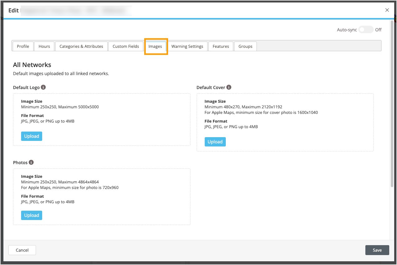 Screenshot of the images tab in the location editor.