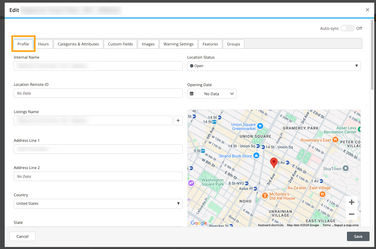 Screenshot of the profile tab in your Moz Local location editor.