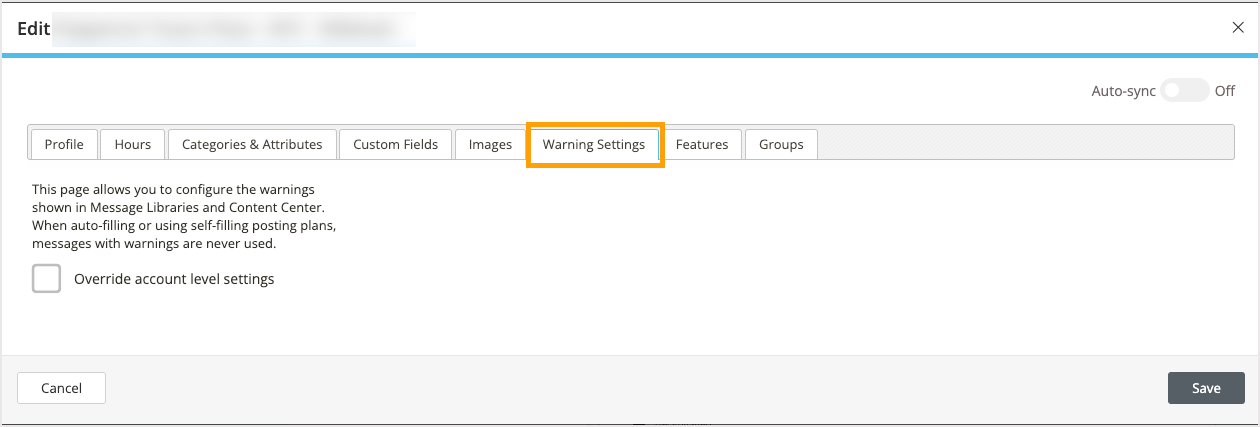 Screenshot of the warning settings tab.