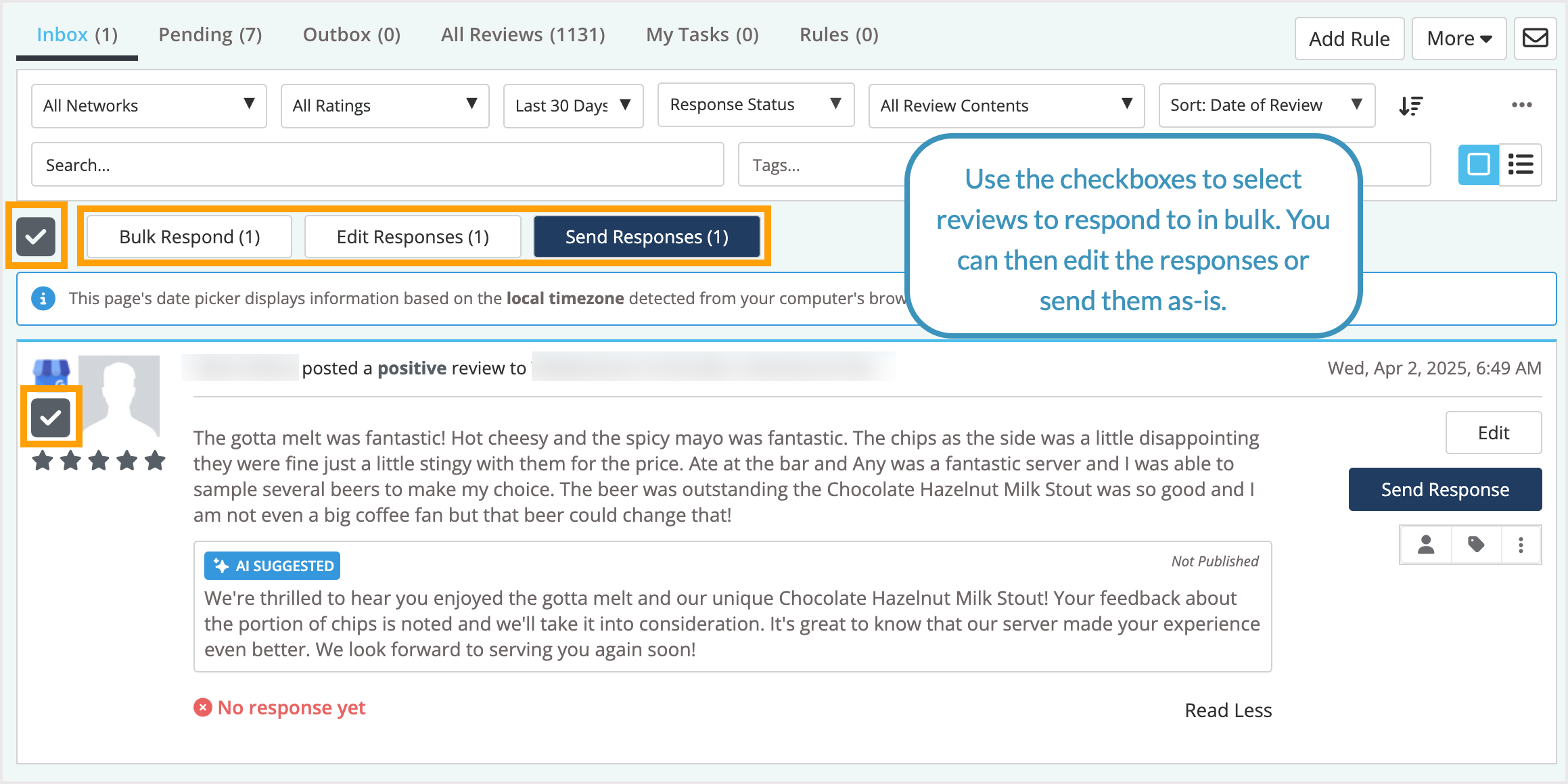 Screenshot of the option to respond to reviews in bulk.