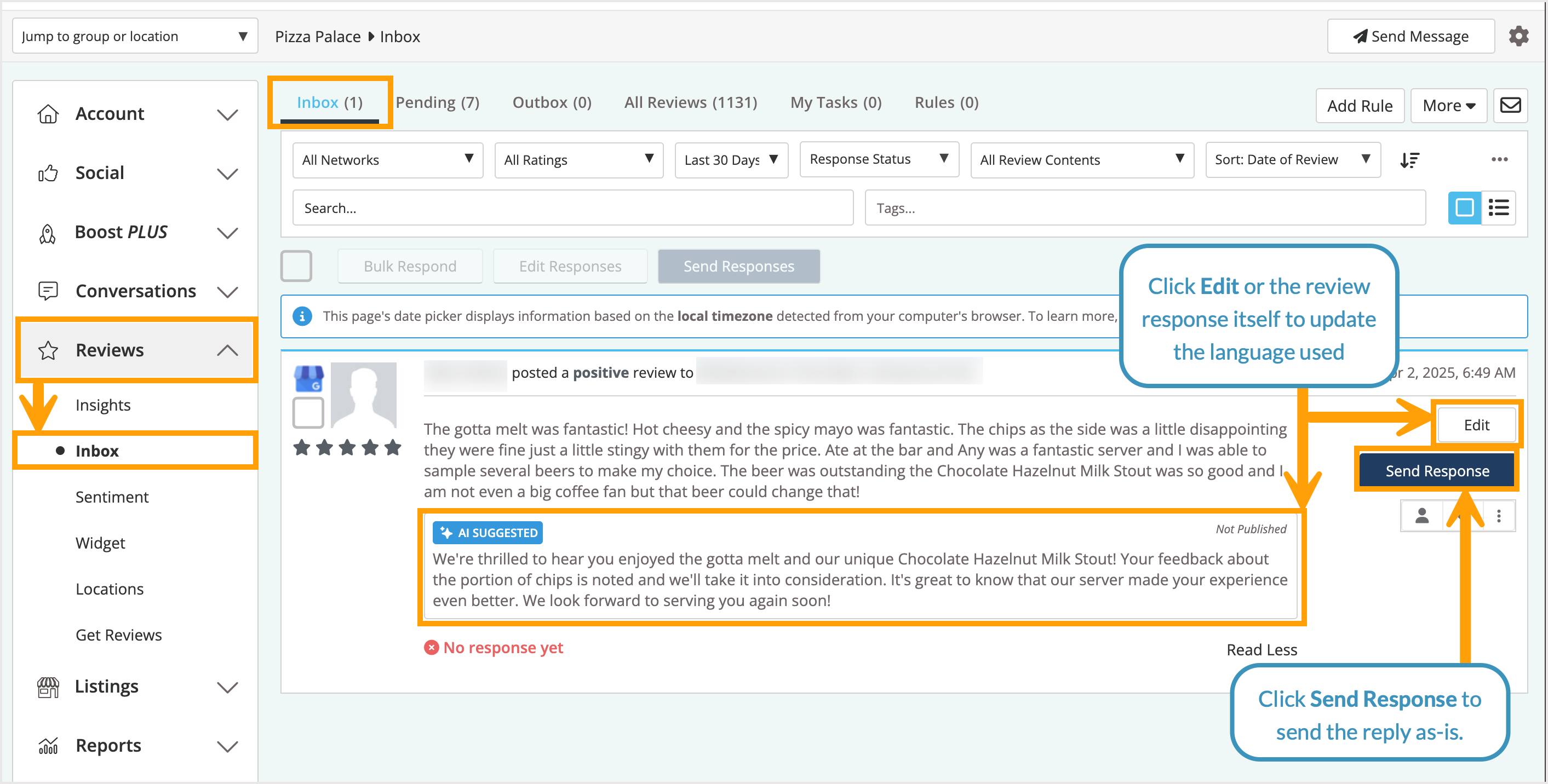 Screenshot of the reviews inbox with an AI-suggested response populated.