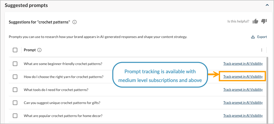 Screenshot of the click to track option in prompt suggestions.
