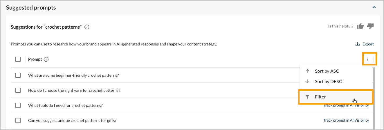 Screenshot showing where to find the option to apply filters in Prompt Suggestions.