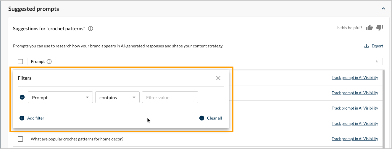 Screenshot of the filter pop out in prompt suggestions.
