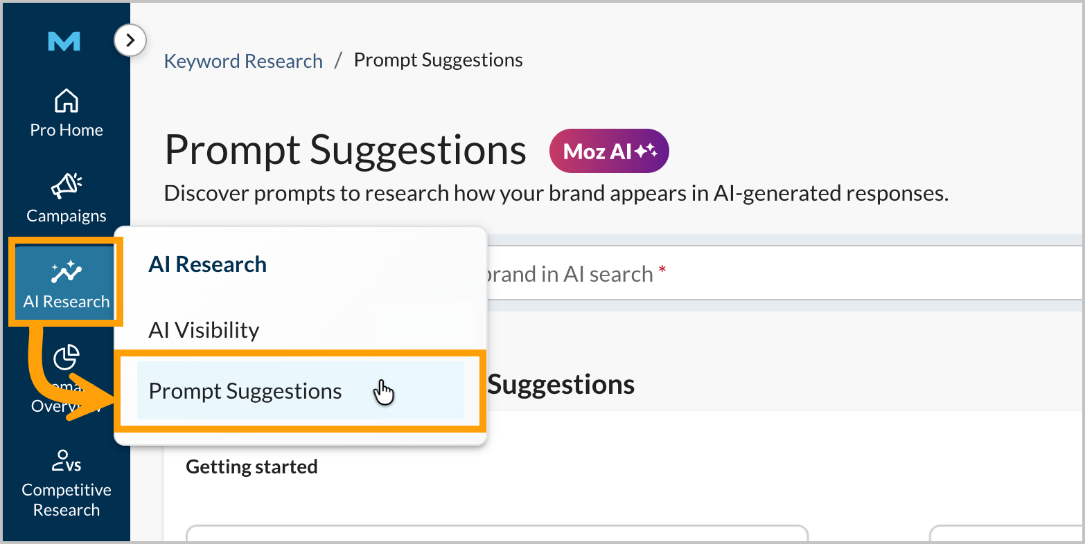 Screenshot of the menu location for Prompt Suggestions.