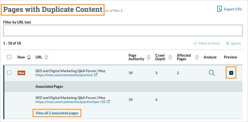 Pages with duplicate content view with preview arrow clicked and drawer expanded to show associated pages.